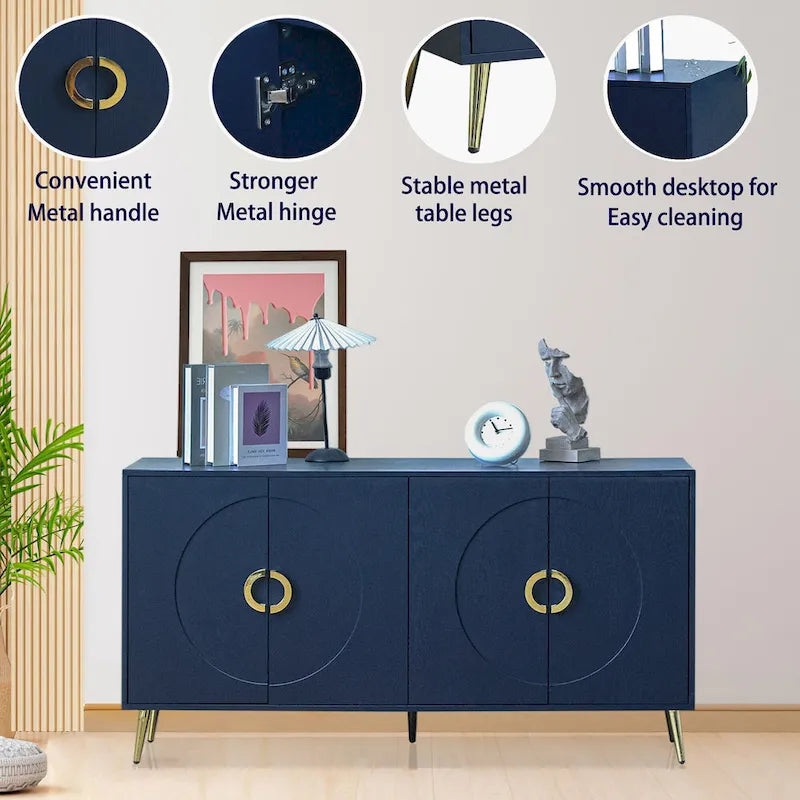 Buffet 4 portes bleu marine – MDF avec placage bois, 1 place, pieds en métal
