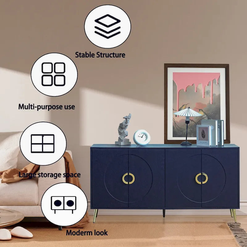 Buffet 4 portes bleu marine – MDF avec placage bois, 1 place, pieds en métal