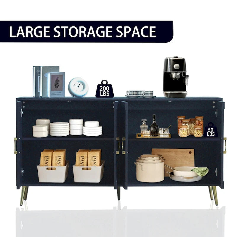 Buffet 4 portes bleu marine – MDF avec placage bois, 1 place, pieds en métal