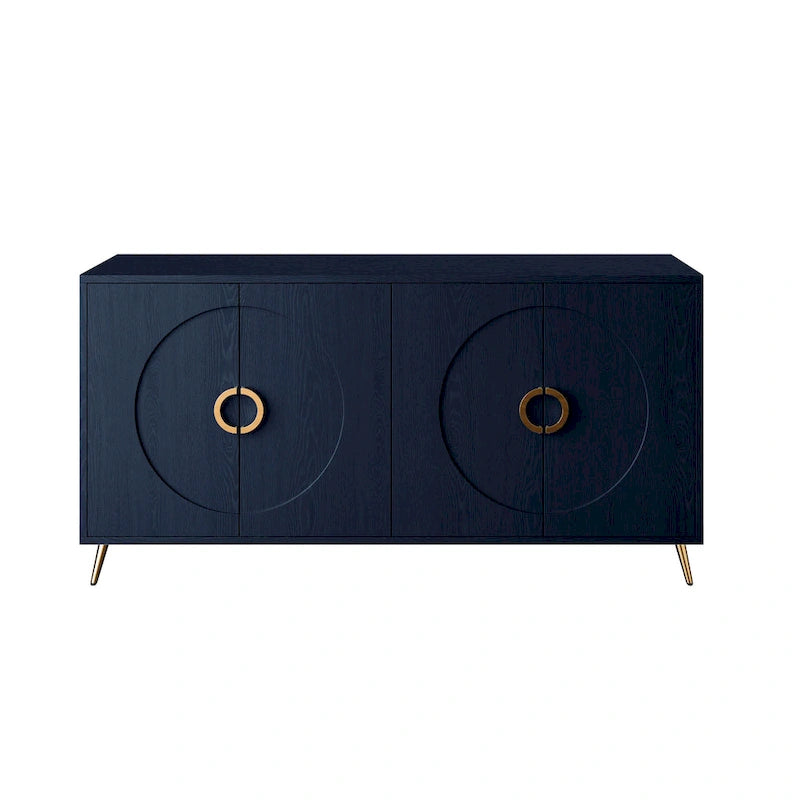 Buffet 4 portes bleu marine – MDF avec placage bois, 1 place, pieds en métal