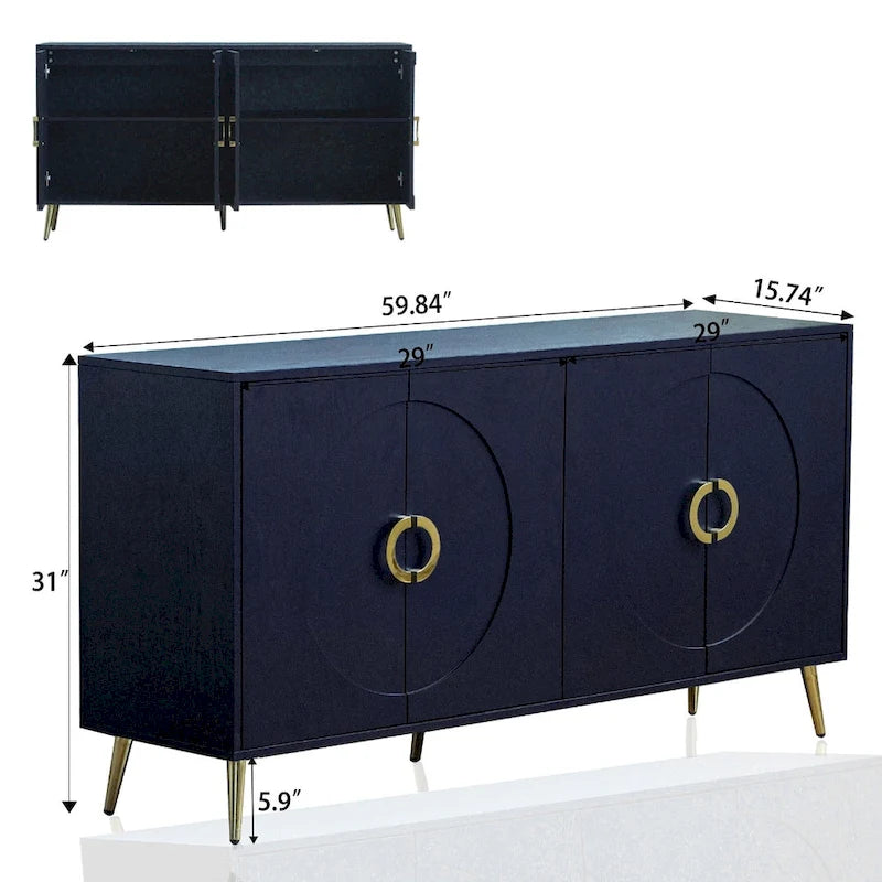 Buffet 4 portes bleu marine – MDF avec placage bois, 1 place, pieds en métal