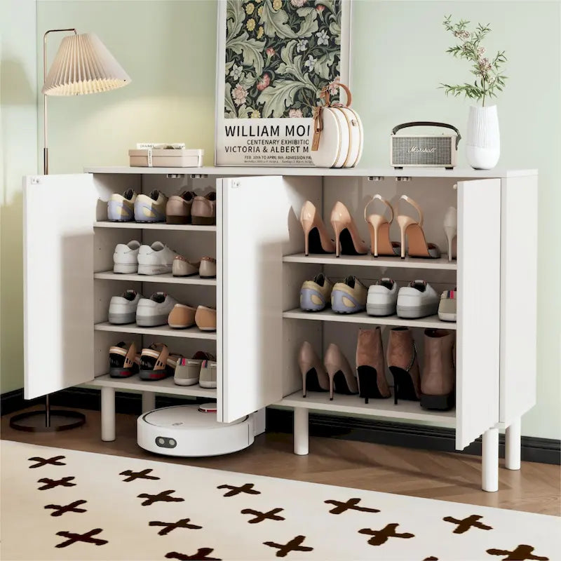 Meuble de rangement 4 portes cannelé blanc/noir avec étagères réglables, 5 pieds en bois massif, foyer de 2 personnes