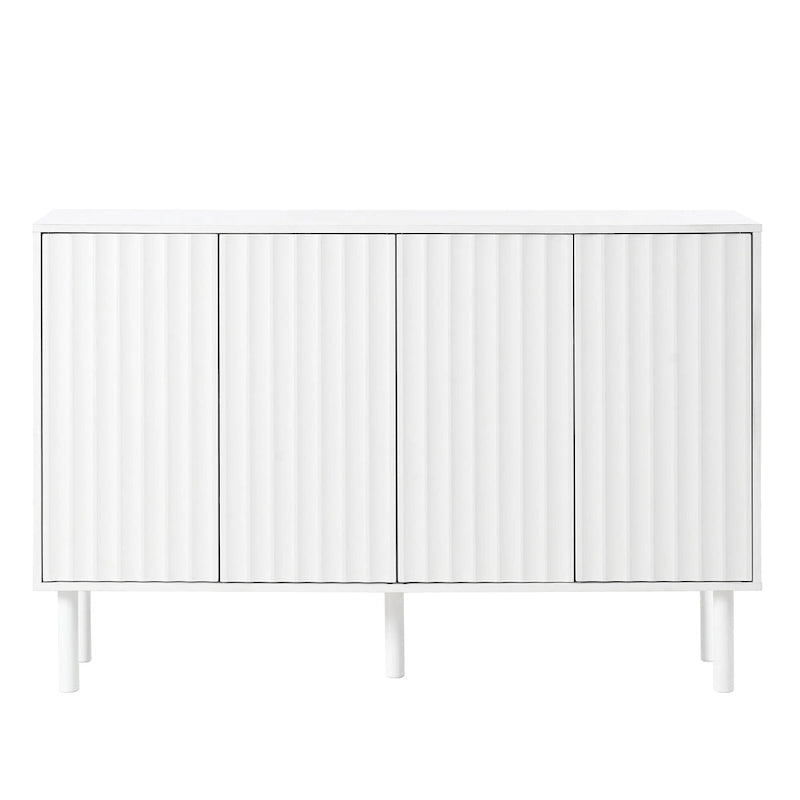 Meuble de rangement 4 portes cannelé blanc/noir avec étagères réglables, 5 pieds en bois massif, foyer de 2 personnes