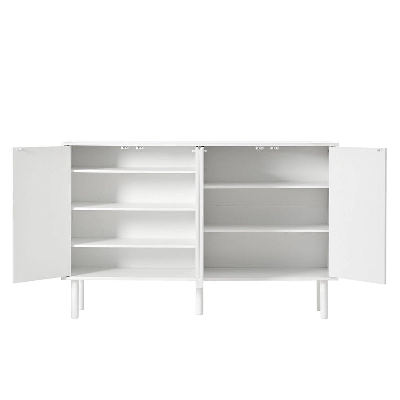 Meuble de rangement 4 portes cannelé blanc/noir avec étagères réglables, 5 pieds en bois massif, foyer de 2 personnes