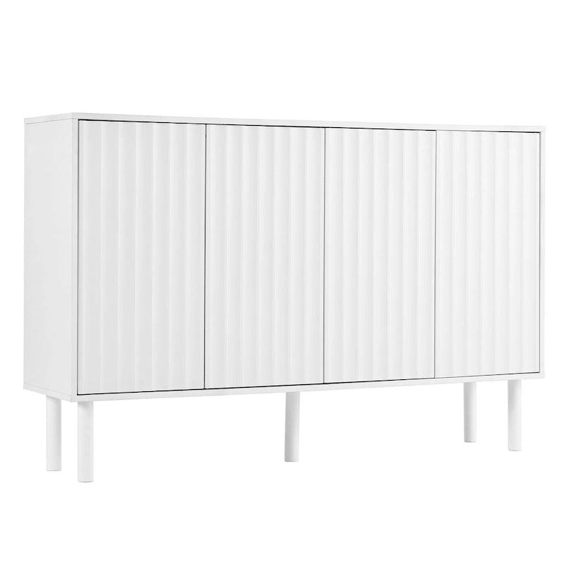 Meuble de rangement 4 portes cannelé blanc/noir avec étagères réglables, 5 pieds en bois massif, foyer de 2 personnes