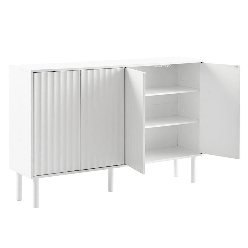 Meuble de rangement 4 portes cannelé blanc/noir avec étagères réglables, 5 pieds en bois massif, foyer de 2 personnes