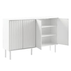 Meuble de rangement 4 portes cannelé blanc/noir avec étagères réglables, 5 pieds en bois massif, foyer de 2 personnes