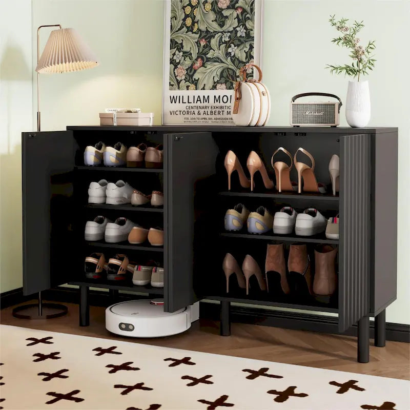 Meuble de rangement 4 portes cannelé blanc/noir avec étagères réglables, 5 pieds en bois massif, foyer de 2 personnes