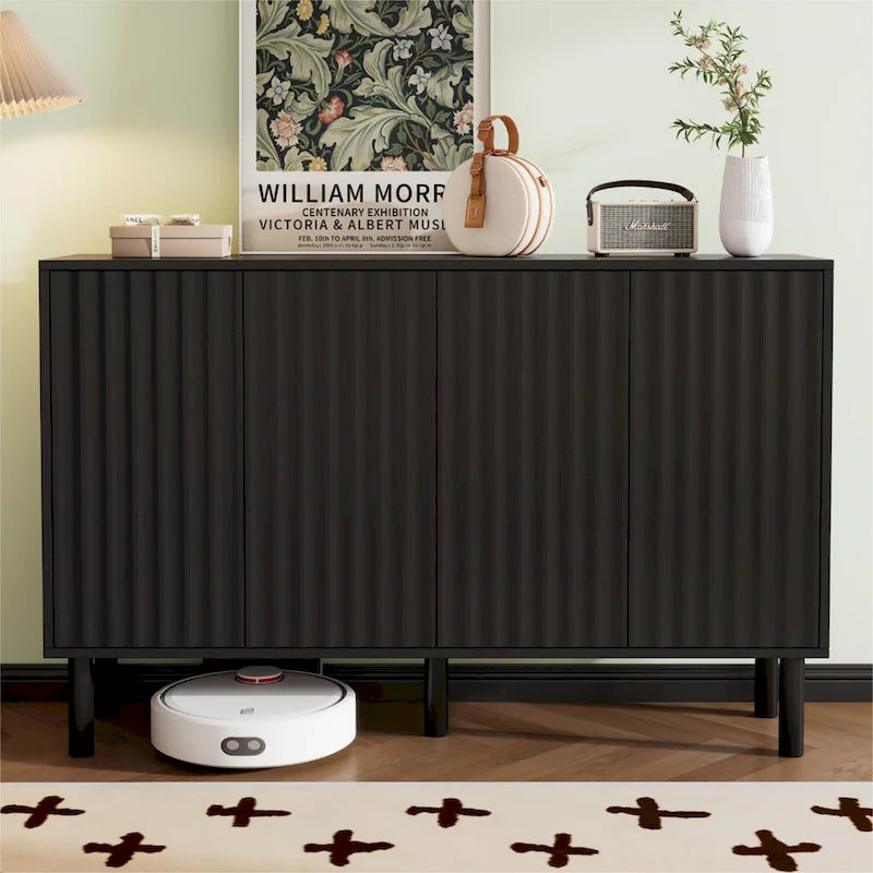 Meuble de rangement 4 portes cannelé blanc/noir avec étagères réglables, 5 pieds en bois massif, foyer de 2 personnes
