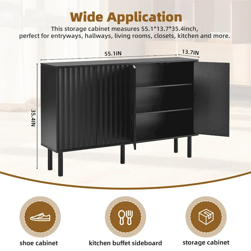 Meuble de rangement 4 portes cannelé blanc/noir avec étagères réglables, 5 pieds en bois massif, foyer de 2 personnes