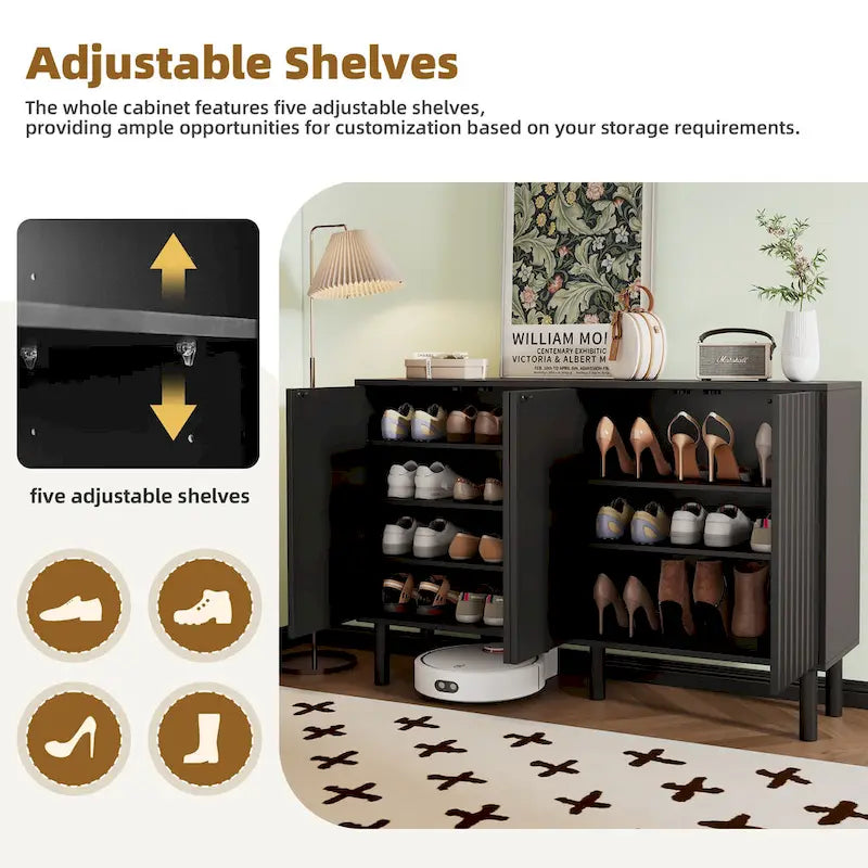 Meuble de rangement 4 portes cannelé blanc/noir avec étagères réglables, 5 pieds en bois massif, foyer de 2 personnes