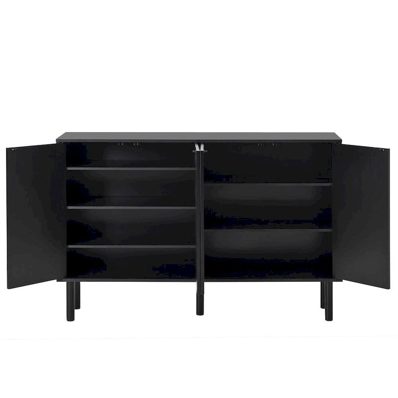 Meuble de rangement 4 portes cannelé blanc/noir avec étagères réglables, 5 pieds en bois massif, foyer de 2 personnes