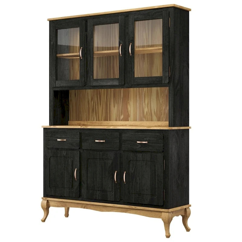 Vaisselier Vert/Noir en Pin Massif – Unité Simple, Style Buffet Haut