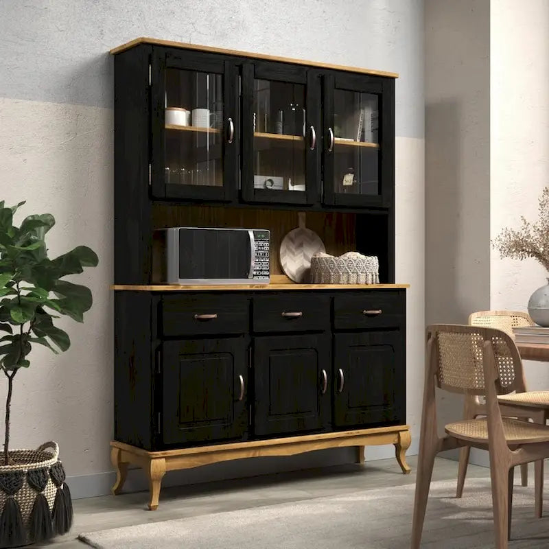 Vaisselier Vert/Noir en Pin Massif – Unité Simple, Style Buffet Haut