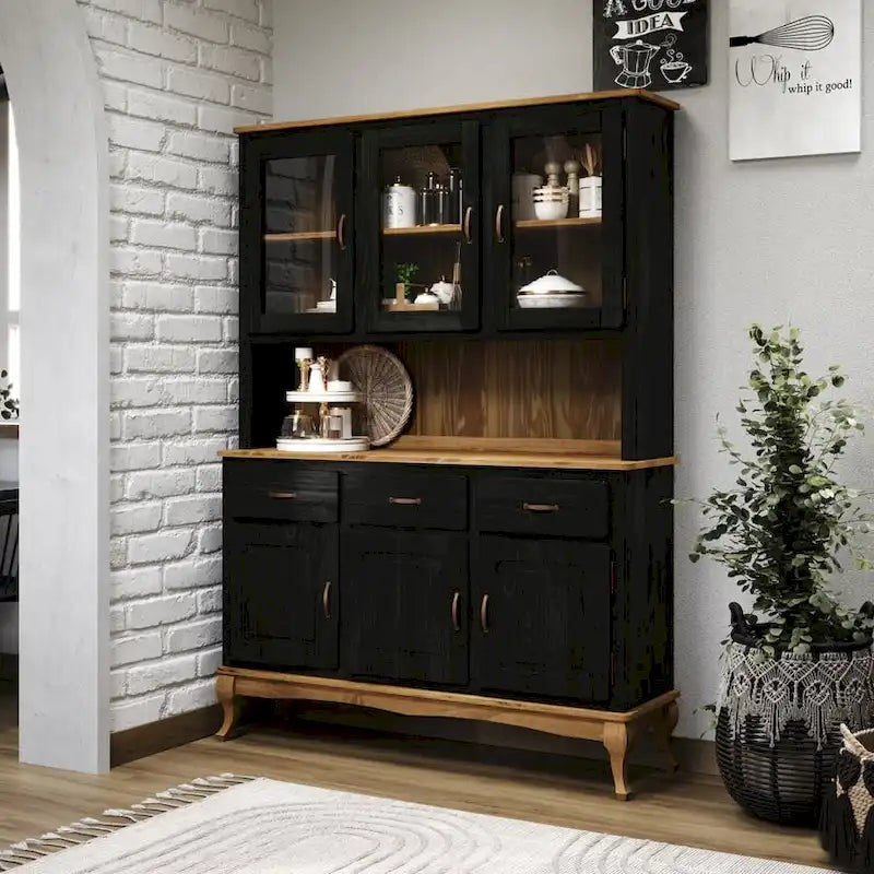Vaisselier Vert/Noir en Pin Massif – Unité Simple, Style Buffet Haut
