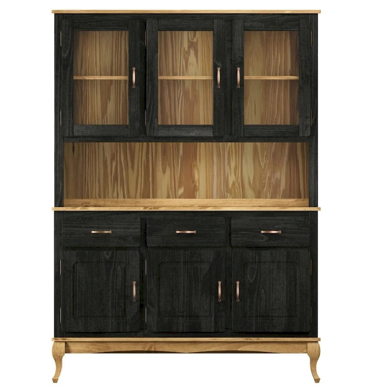 Vaisselier Vert/Noir en Pin Massif – Unité Simple, Style Buffet Haut