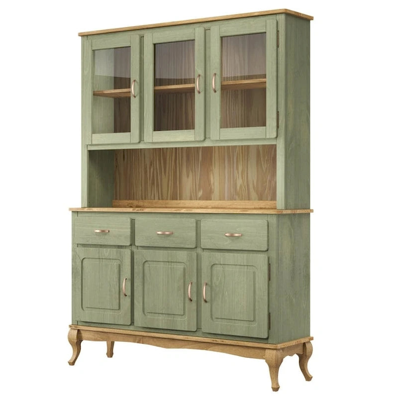 Vaisselier Vert/Noir en Pin Massif – Unité Simple, Style Buffet Haut