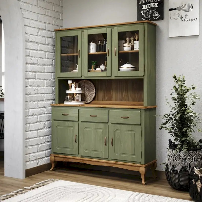 Vaisselier Vert/Noir en Pin Massif – Unité Simple, Style Buffet Haut
