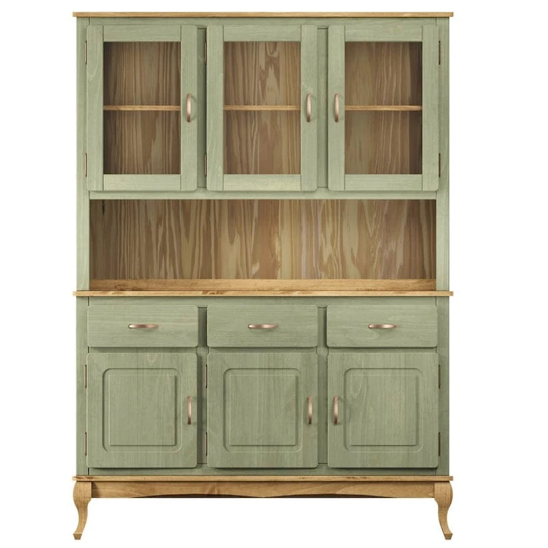 Vaisselier Vert/Noir en Pin Massif – Unité Simple, Style Buffet Haut
