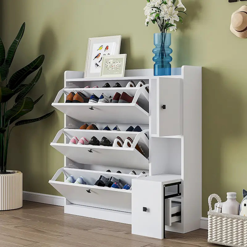 Meuble à chaussures avec tiroirs basculants blanc/noir et siège rabattable pour 2 personnes