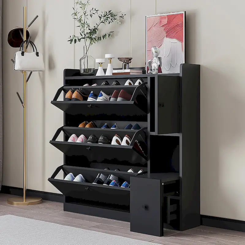 Meuble à chaussures avec tiroirs basculants blanc/noir et siège rabattable pour 2 personnes