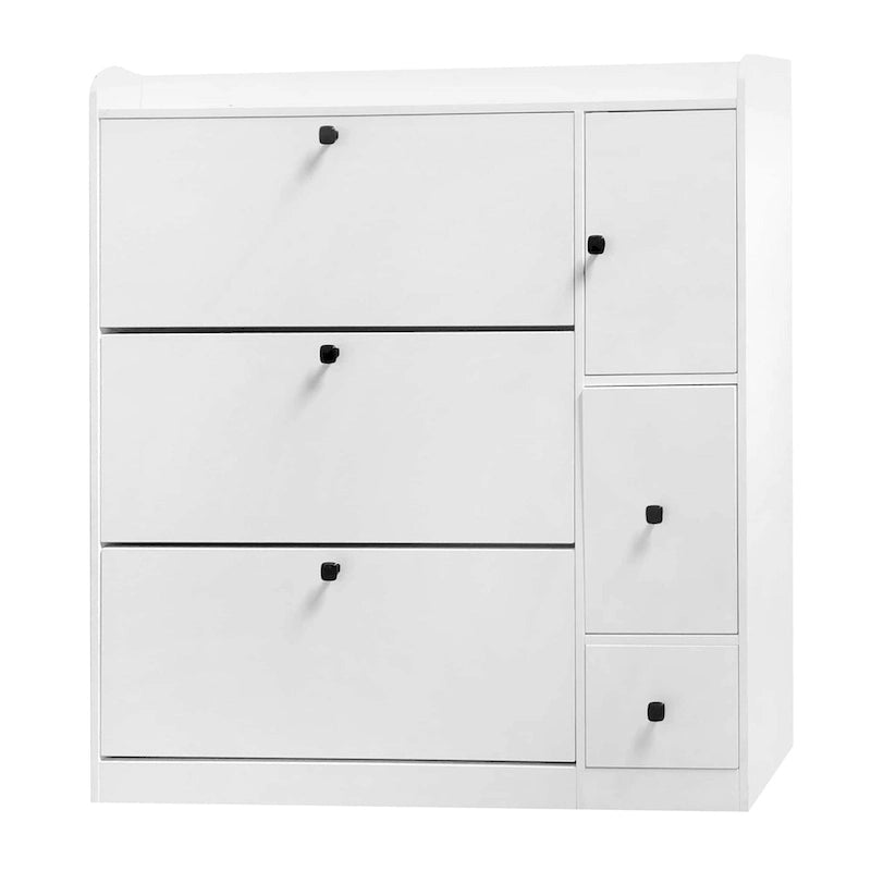 Meuble à chaussures avec tiroirs basculants blanc/noir et siège rabattable pour 2 personnes