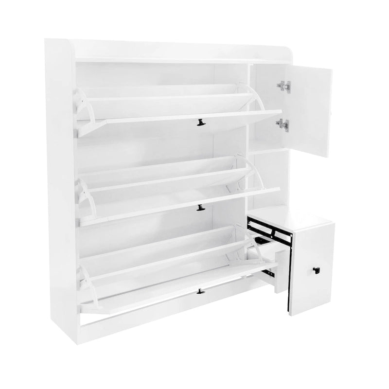 Meuble à chaussures avec tiroirs basculants blanc/noir et siège rabattable pour 2 personnes
