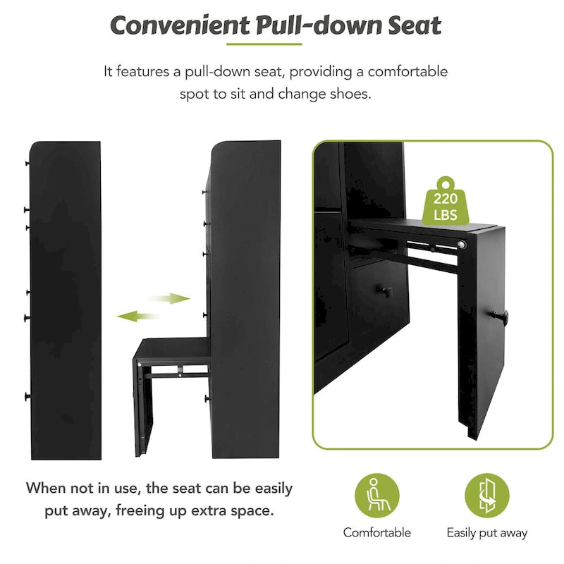 Meuble à chaussures avec tiroirs basculants blanc/noir et siège rabattable pour 2 personnes