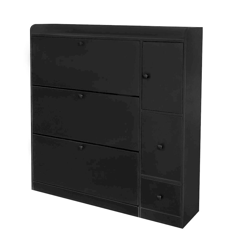 Meuble à chaussures avec tiroirs basculants blanc/noir et siège rabattable pour 2 personnes