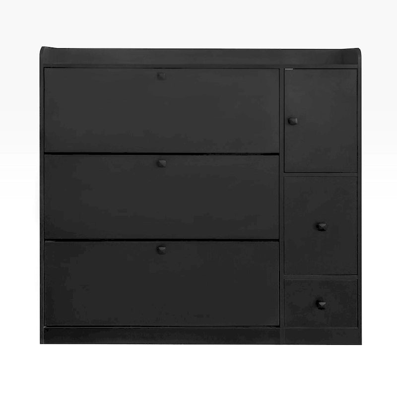 Meuble à chaussures avec tiroirs basculants blanc/noir et siège rabattable pour 2 personnes