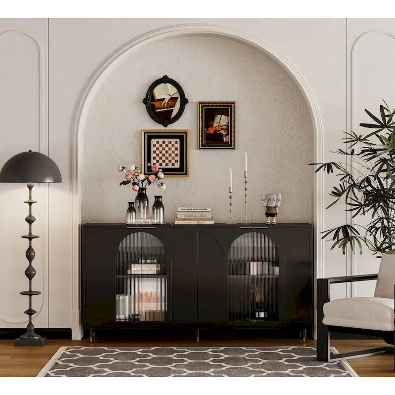 Buffet bas à portes cannelées en verre pour 1 personne (bleu/noir/gris)