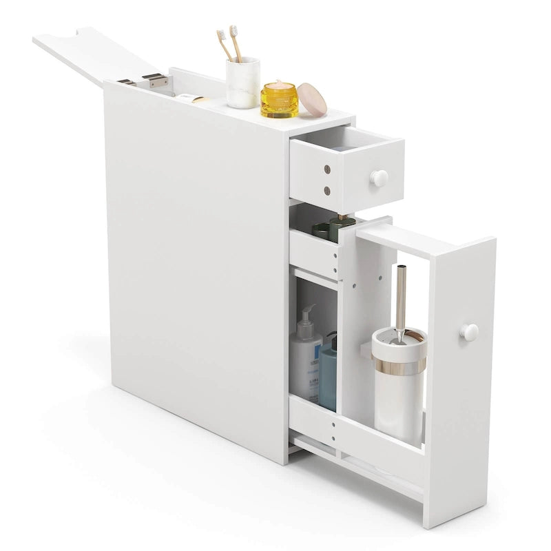 Meuble de salle de bain étroit noir/blanc avec abattant, tiroir et 3 étagères