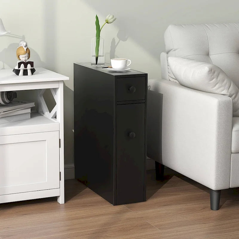 Meuble de salle de bain étroit noir/blanc avec abattant, tiroir et 3 étagères