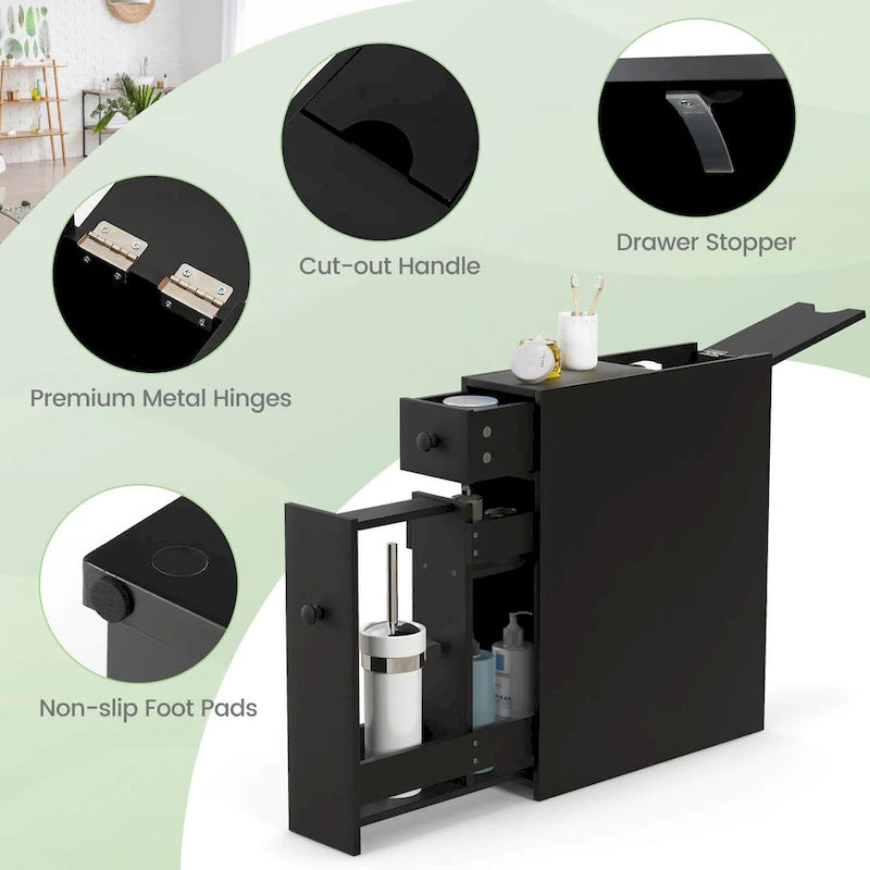Meuble de salle de bain étroit noir/blanc avec abattant, tiroir et 3 étagères
