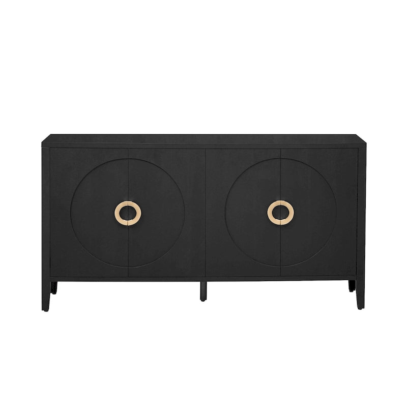 Meuble de rangement en placage de sapin noir / naturel / bleu marine avec portes arrondies — Style américain, montage par 1 personne
