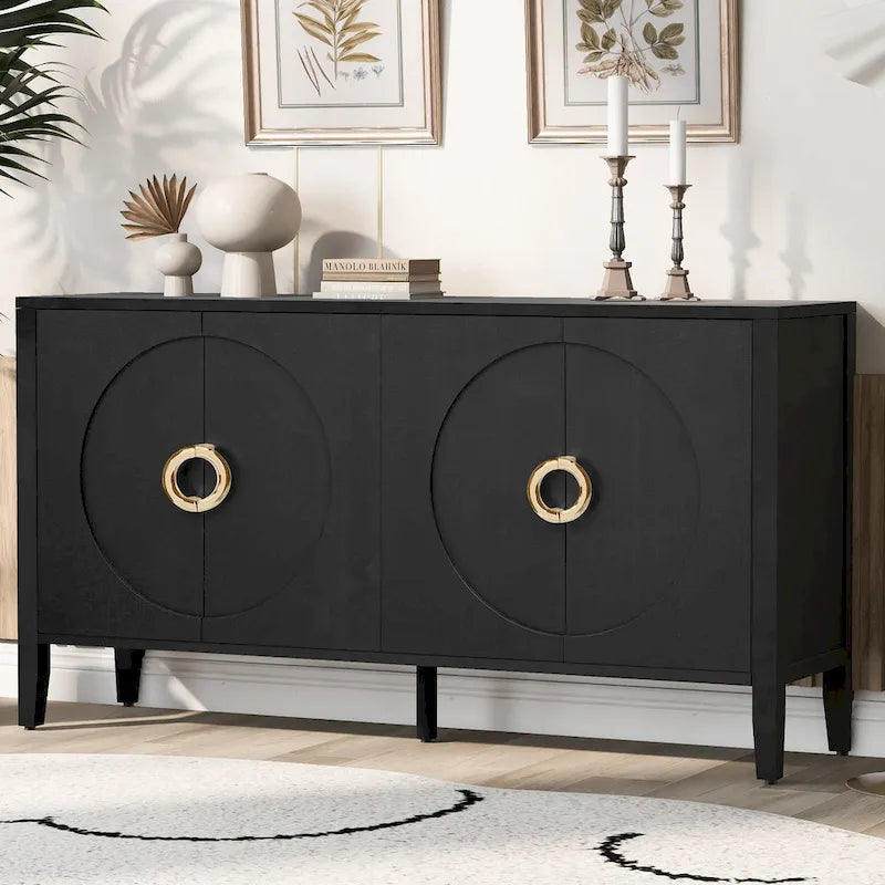 Meuble de rangement en placage de sapin noir / naturel / bleu marine avec portes arrondies — Style américain, montage par 1 personne