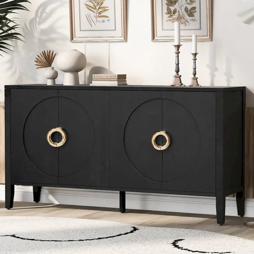 Meuble de rangement en placage de sapin noir / naturel / bleu marine avec portes arrondies — Style américain, montage par 1 personne