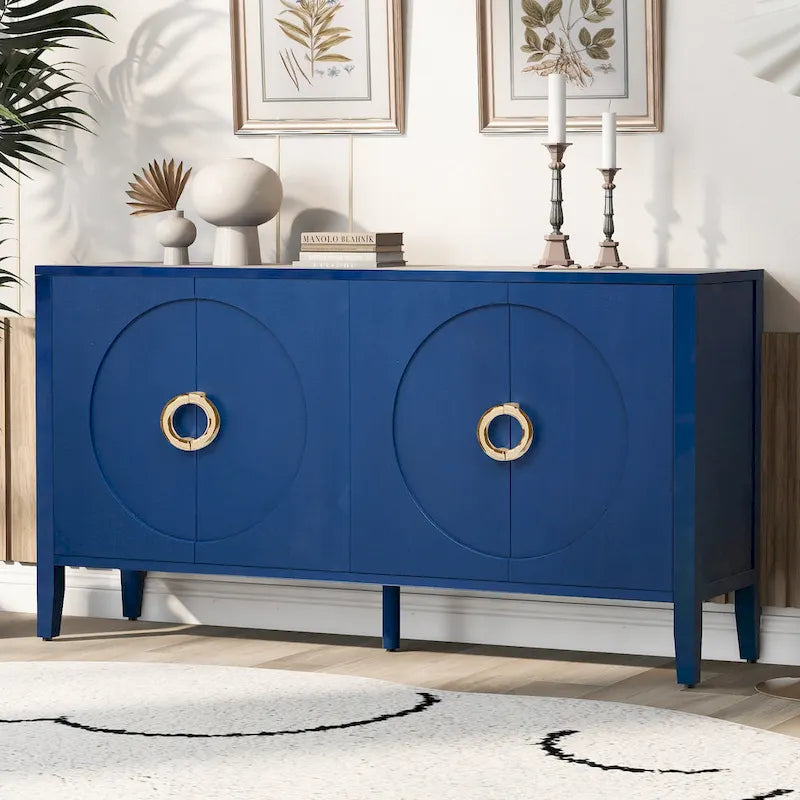 Meuble de rangement en placage de sapin noir / naturel / bleu marine avec portes arrondies — Style américain, montage par 1 personne