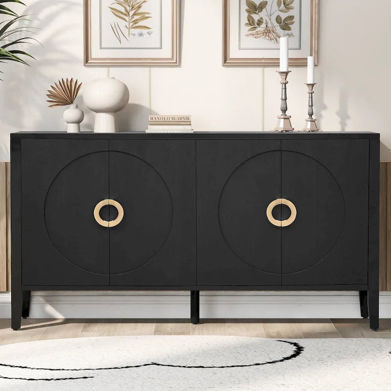 Meuble de rangement en placage de sapin noir / naturel / bleu marine avec portes arrondies — Style américain, montage par 1 personne