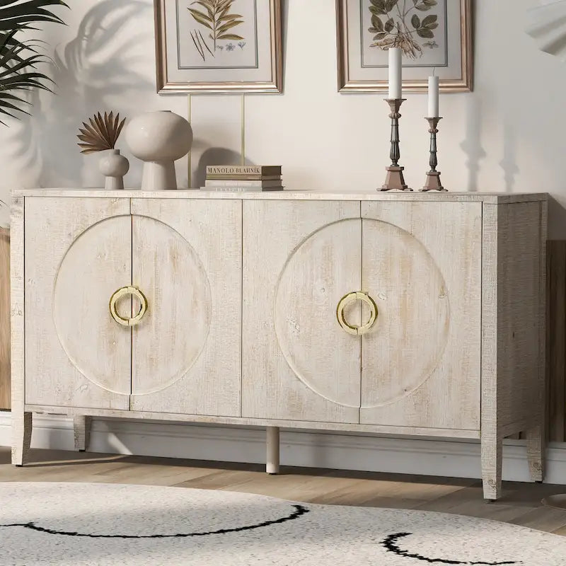 Meuble de rangement en placage de sapin noir / naturel / bleu marine avec portes arrondies — Style américain, montage par 1 personne