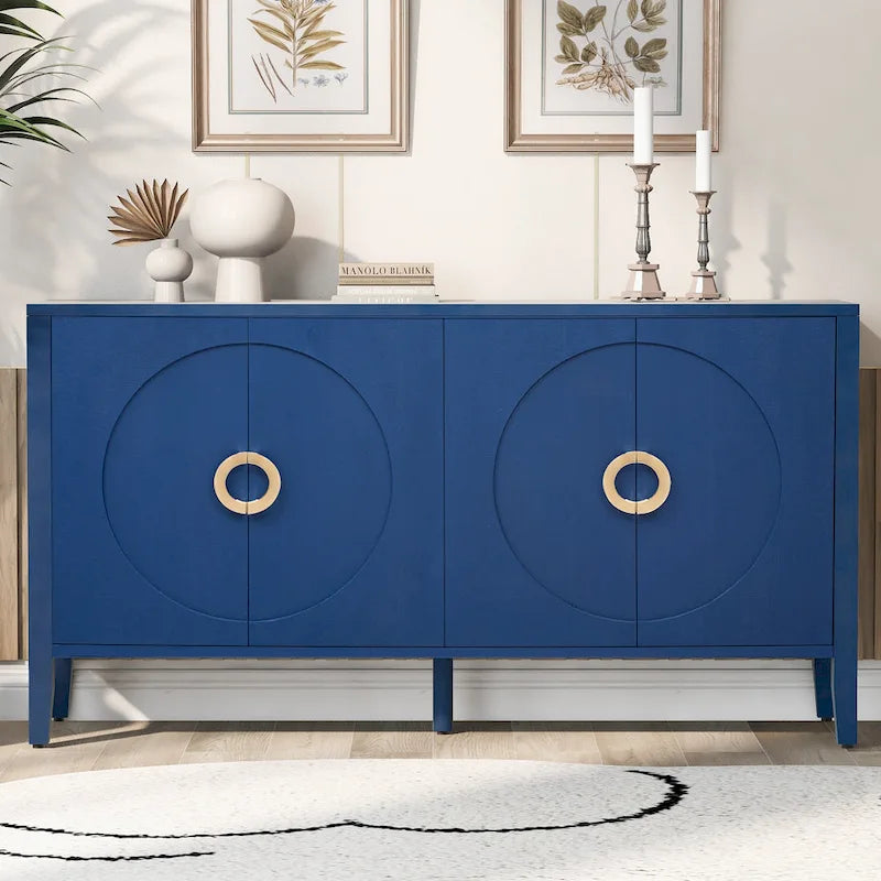 Meuble de rangement en placage de sapin noir / naturel / bleu marine avec portes arrondies — Style américain, montage par 1 personne