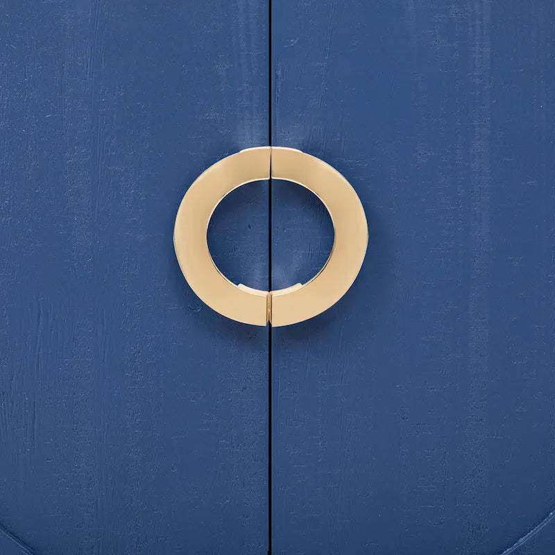 Meuble de rangement en placage de sapin noir / naturel / bleu marine avec portes arrondies — Style américain, montage par 1 personne