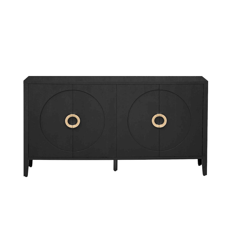 Meuble de rangement en placage de sapin noir / naturel / bleu marine avec portes arrondies — Style américain, montage par 1 personne