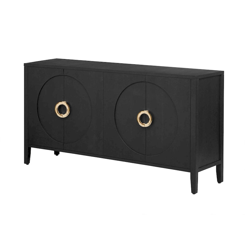 Meuble de rangement en placage de sapin noir / naturel / bleu marine avec portes arrondies — Style américain, montage par 1 personne