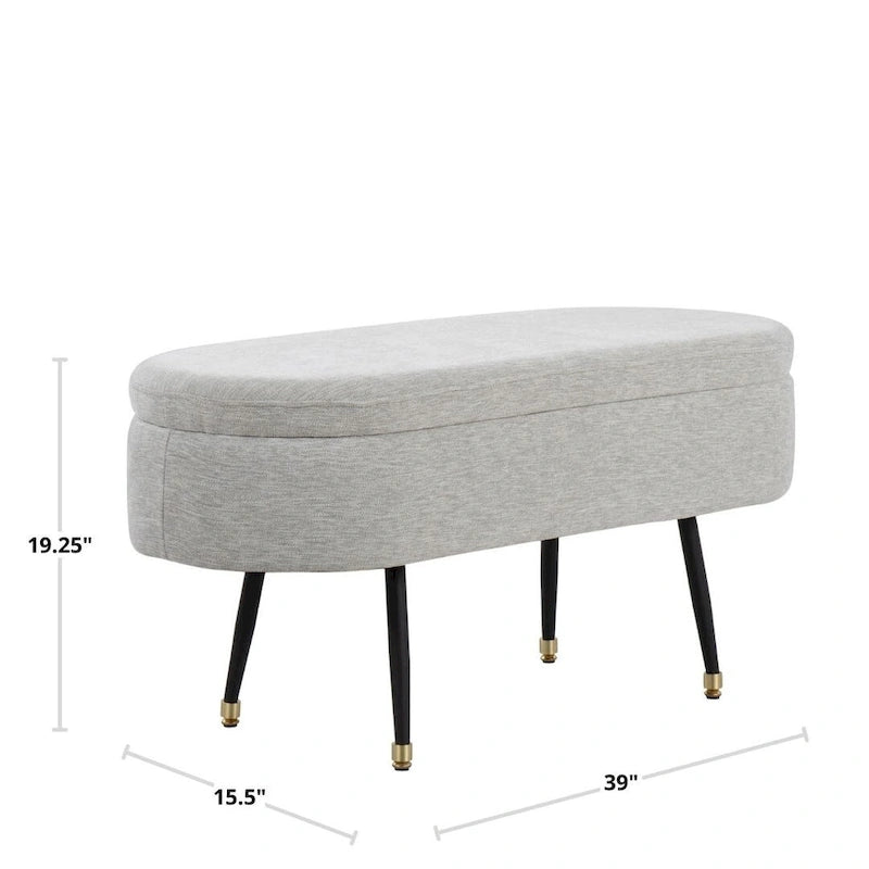 Banc de rangement en tissu, gris clair/crème, 1 place, couvercle rabattable avec pieds en métal