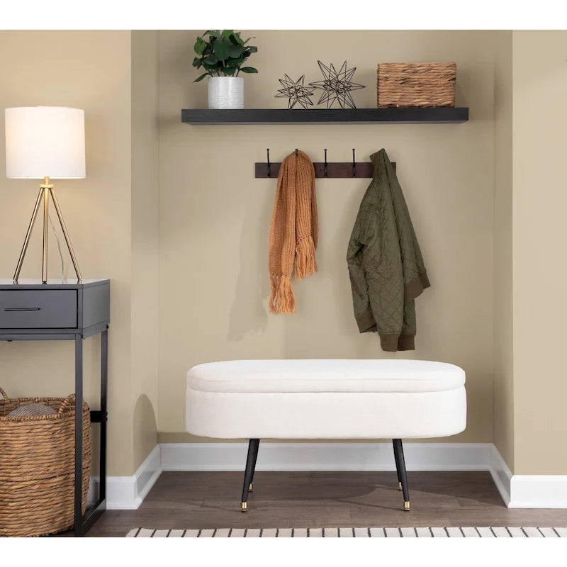 Banc de rangement en tissu, gris clair/crème, 1 place, couvercle rabattable avec pieds en métal