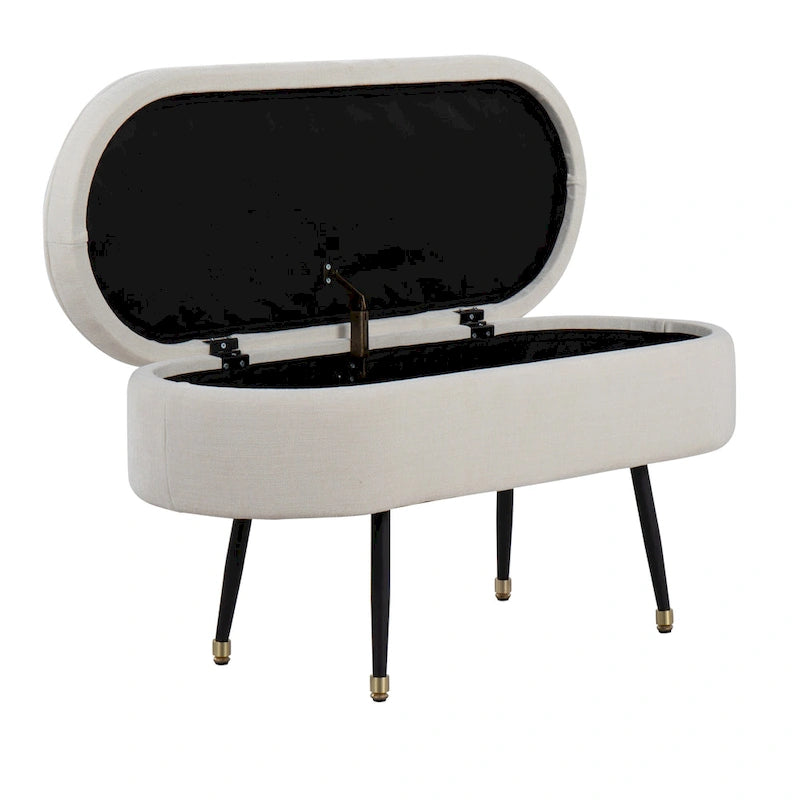 Banc de rangement en tissu, gris clair/crème, 1 place, couvercle rabattable avec pieds en métal