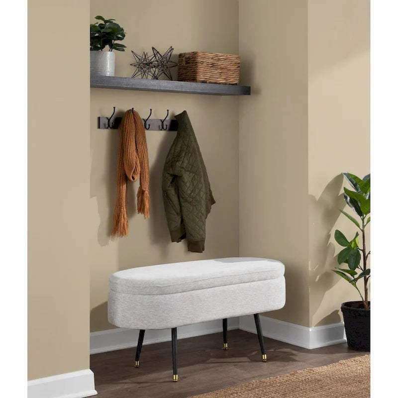 Banc de rangement en tissu, gris clair/crème, 1 place, couvercle rabattable avec pieds en métal