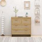 Commode 4 tiroirs en rotin avec cadre en bois, Naturel/Noir, 1 personne