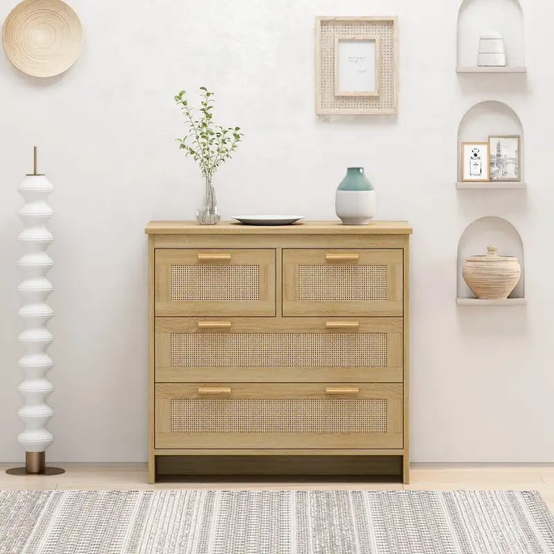 Commode 4 tiroirs en rotin avec cadre en bois, Naturel/Noir, 1 personne